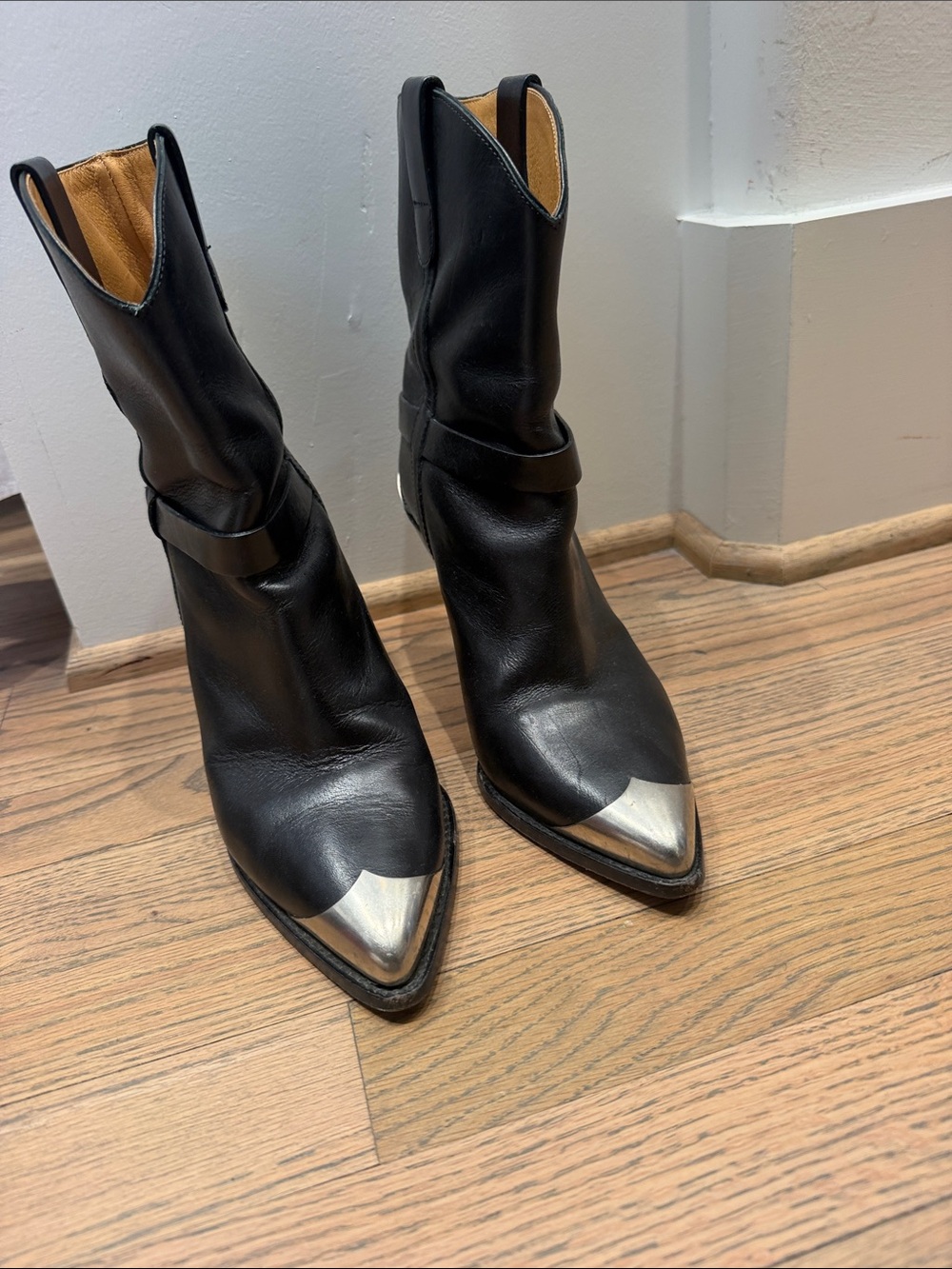 Isabel Marant Black Leather Western Pointed-Toe Boots with Silver Toe Caps